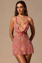 Chic Cowl-Plunge Mini Dress in Paisley Print