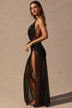 Chic Cowl-Neck Plunge Maxi Dress in Black