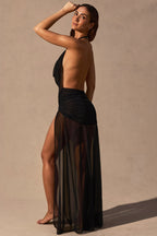 Chic Cowl-Neck Plunge Maxi Dress in Black