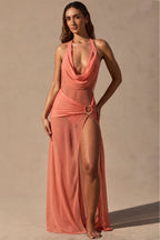 Chic Cowl-Neck Plunge Maxi Dress in Coral