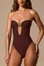 Chic Cut-Out Bandeau Swimsuit in Espresso Brown
