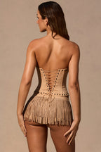 Chic Fringed Low-Rise Mini Shorts in Tan