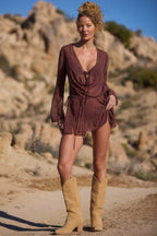 Chic Long-Sleeve Mini Dress in Espresso Brown