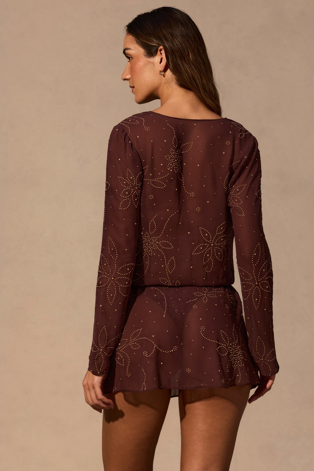 Chic Long-Sleeve Mini Dress in Espresso Brown
