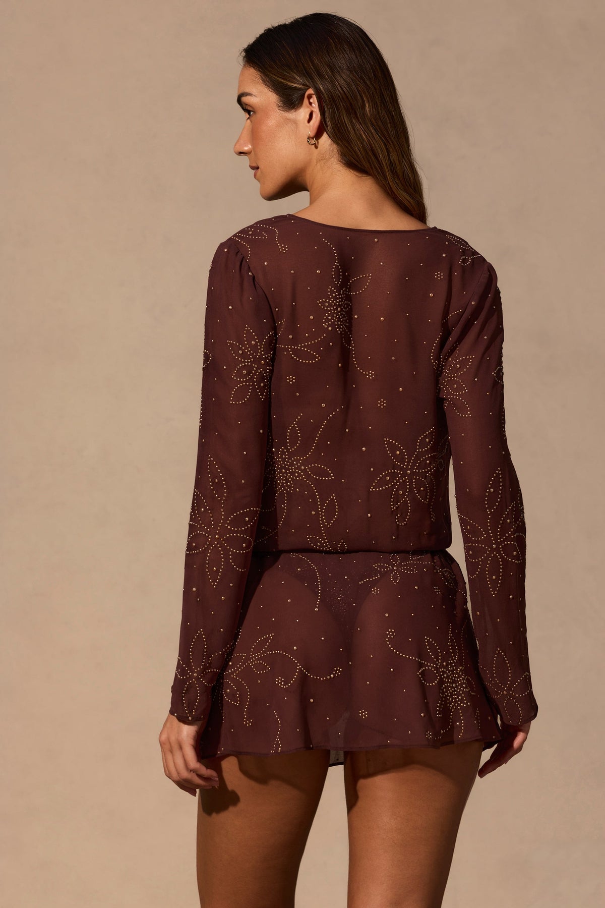 Chic Long-Sleeve Mini Dress in Espresso Brown
