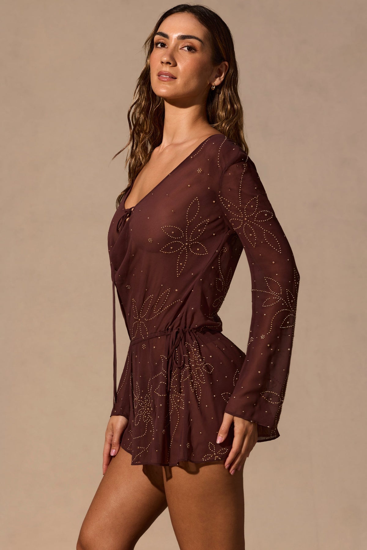 Chic Long-Sleeve Mini Dress in Espresso Brown