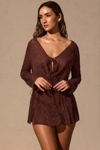 Chic Long-Sleeve Mini Dress in Espresso Brown