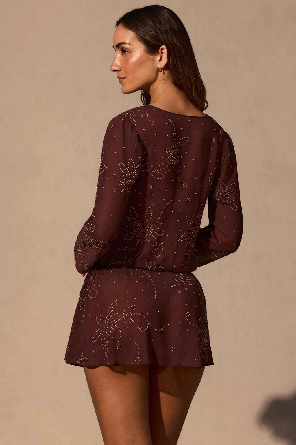Chic Long-Sleeve Mini Dress in Espresso Brown