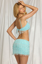 Chic Fringed Low-Rise Mini Skirt in Aqua Blue
