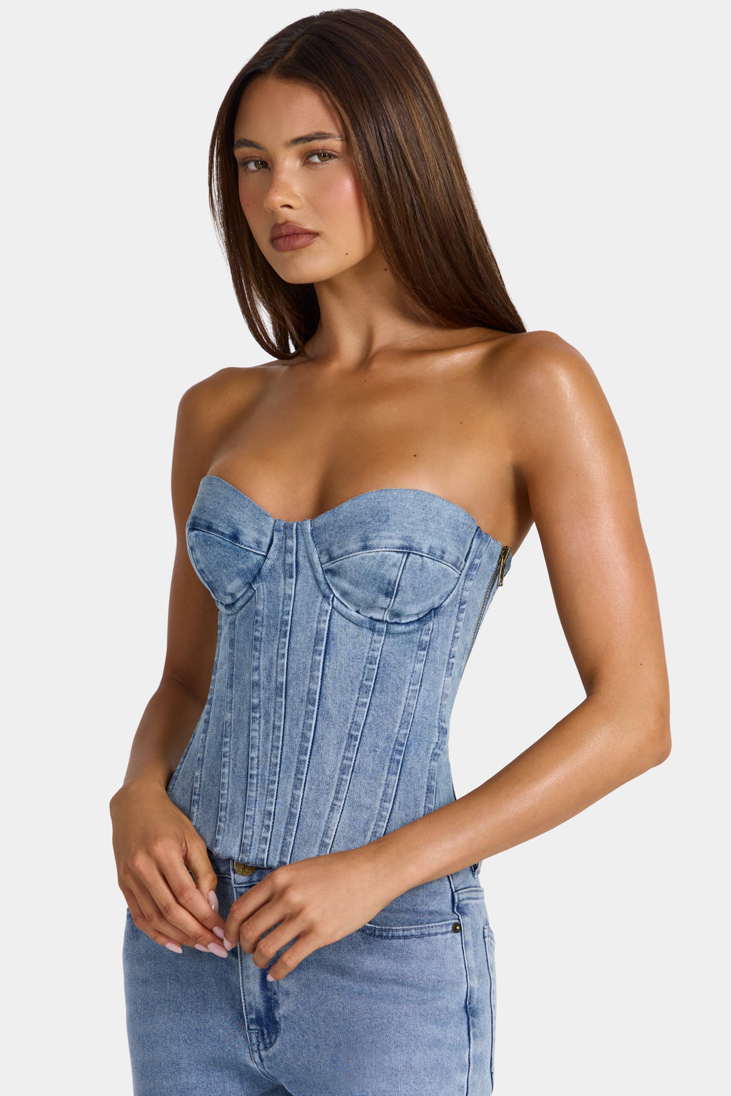 Chic Denim Corset Top in Mid-Blue