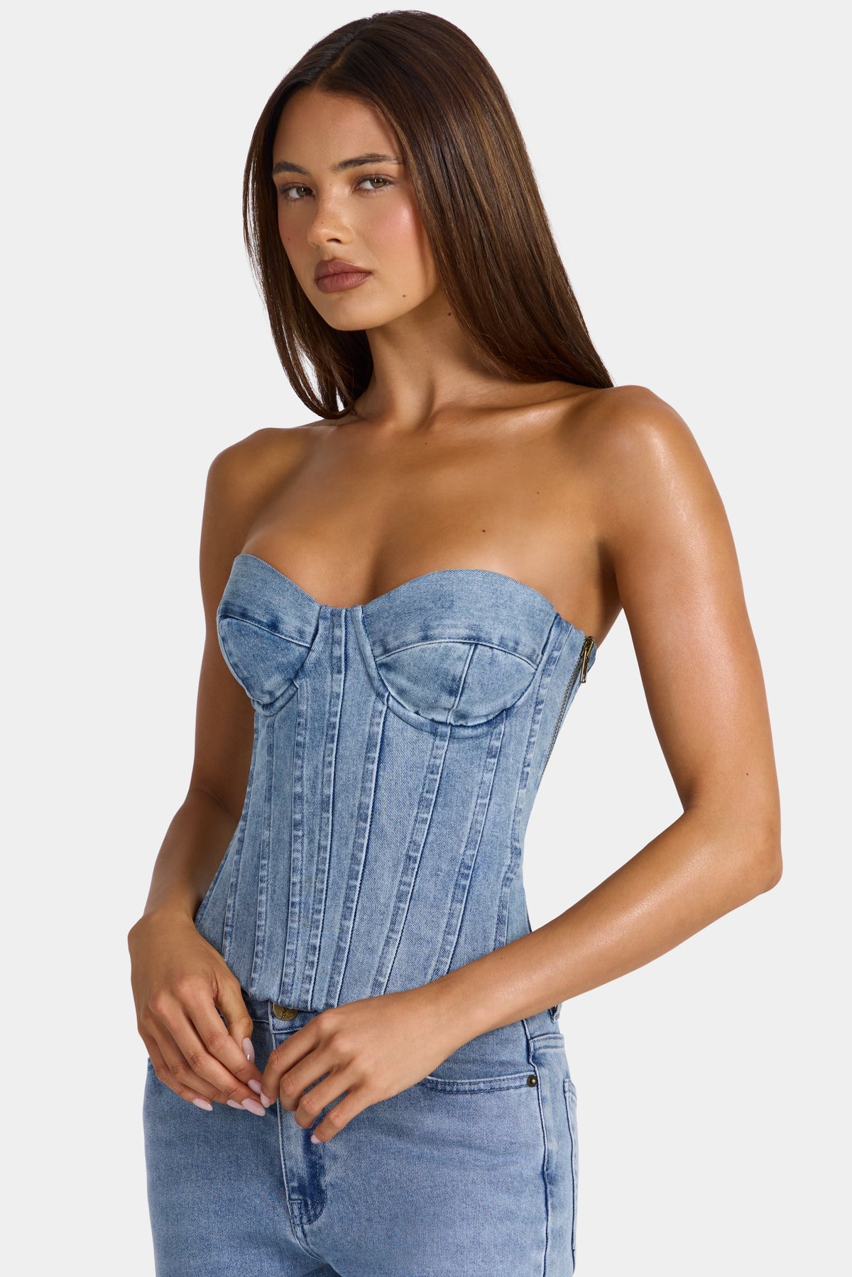 Chic Denim Corset Top in Mid-Blue