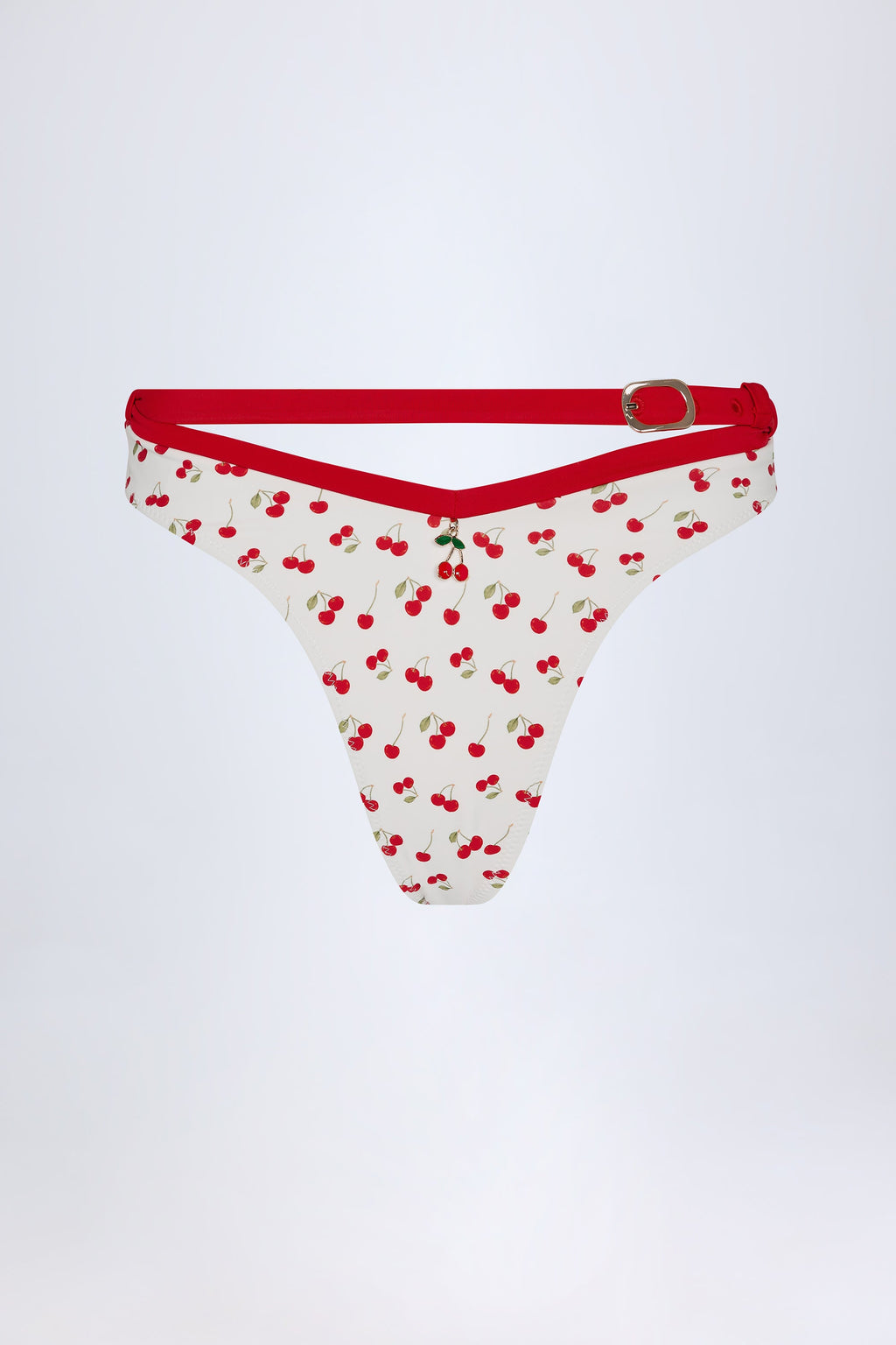 Chic Contrast Belted Thong Bikini Bottoms in Cherry Print