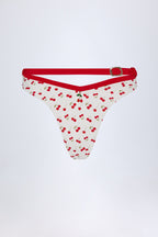 Chic Contrast Belted Thong Bikini Bottoms in Cherry Print