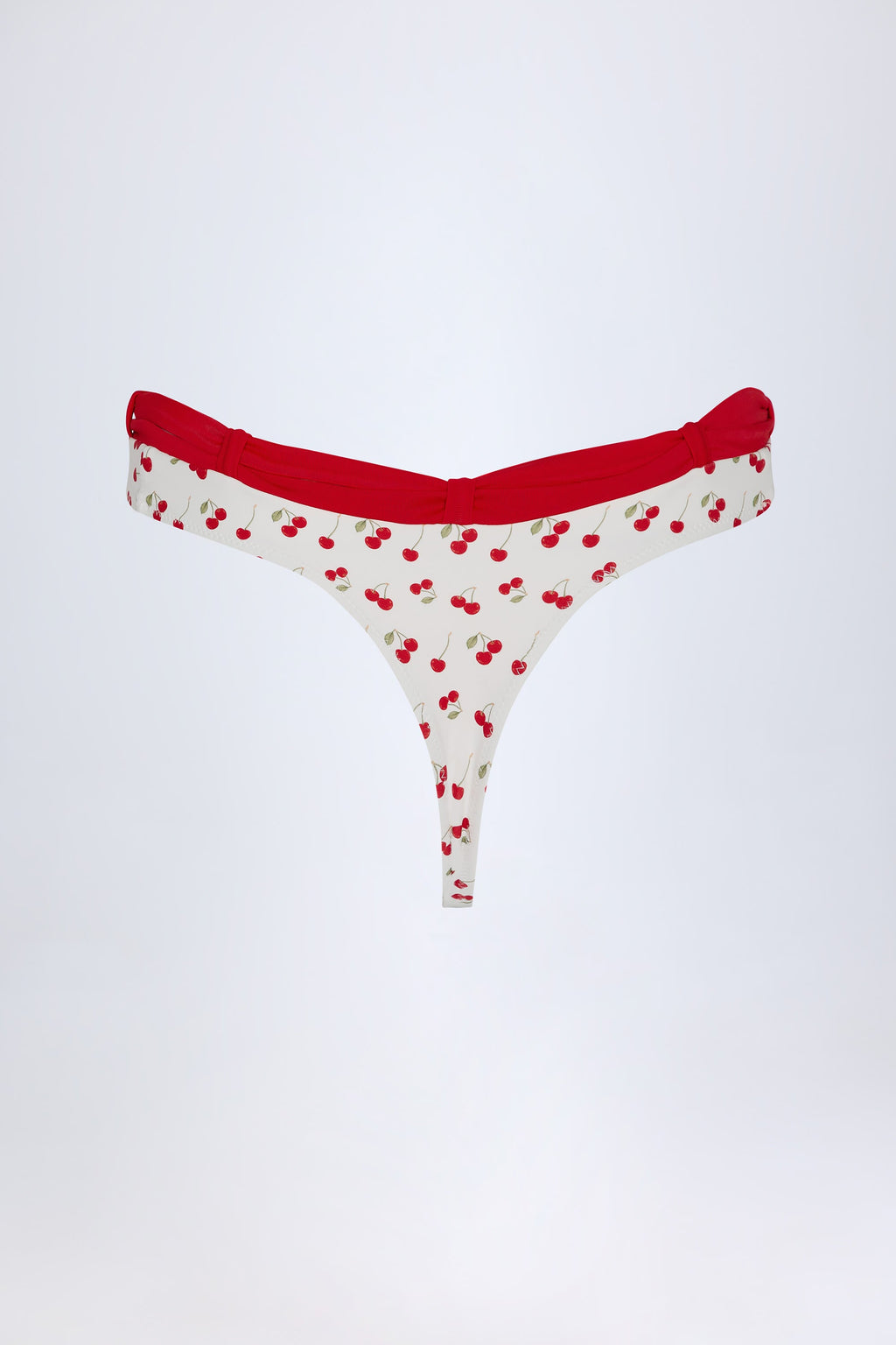 Chic Contrast Belted Thong Bikini Bottoms in Cherry Print