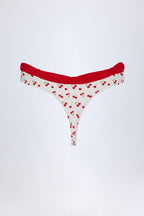 Chic Contrast Belted Thong Bikini Bottoms in Cherry Print