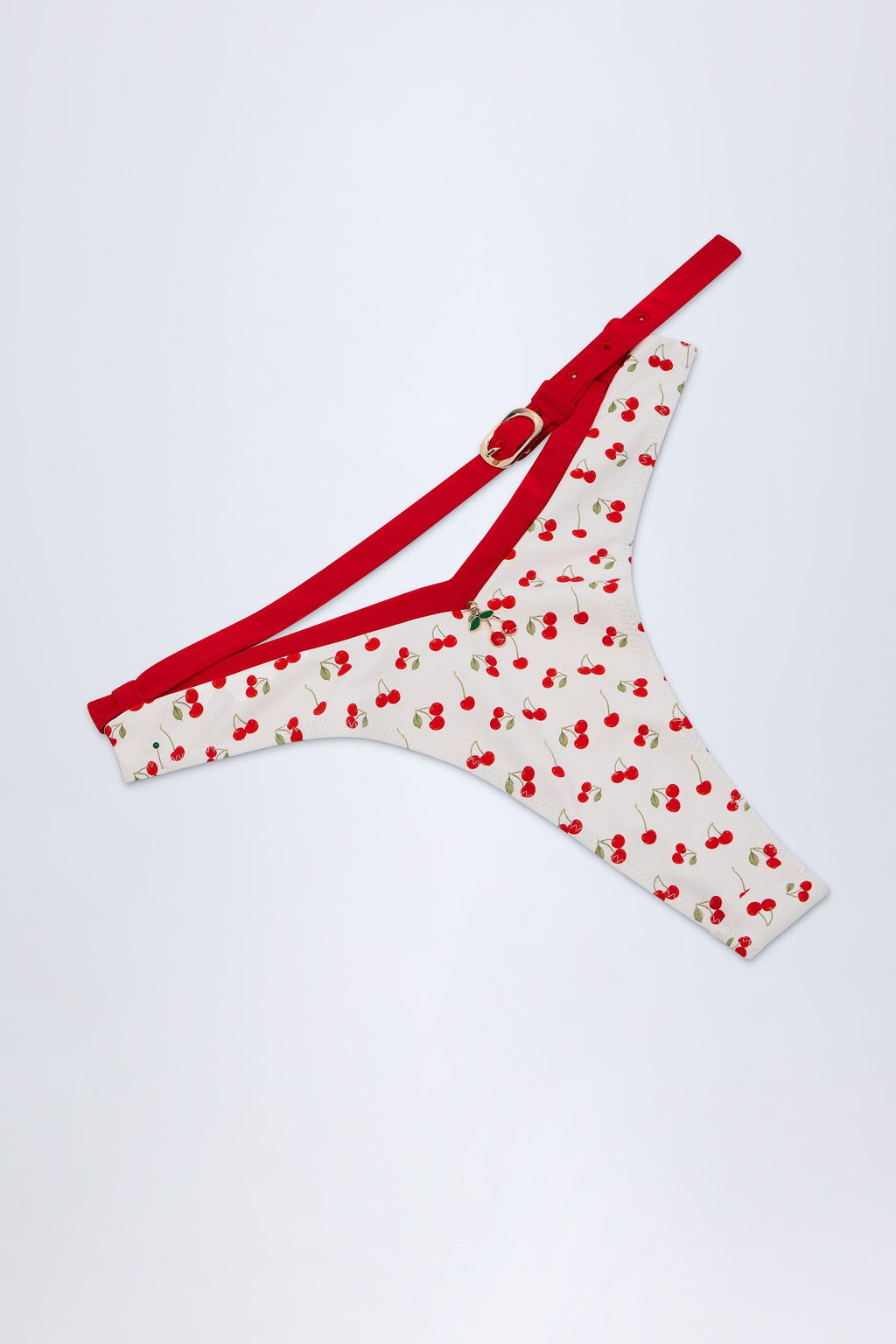 Chic Contrast Belted Thong Bikini Bottoms in Cherry Print