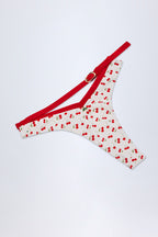 Chic Contrast Belted Thong Bikini Bottoms in Cherry Print