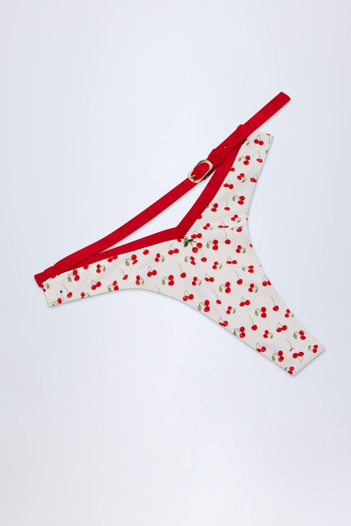 Chic Contrast Belted Thong Bikini Bottoms in Cherry Print