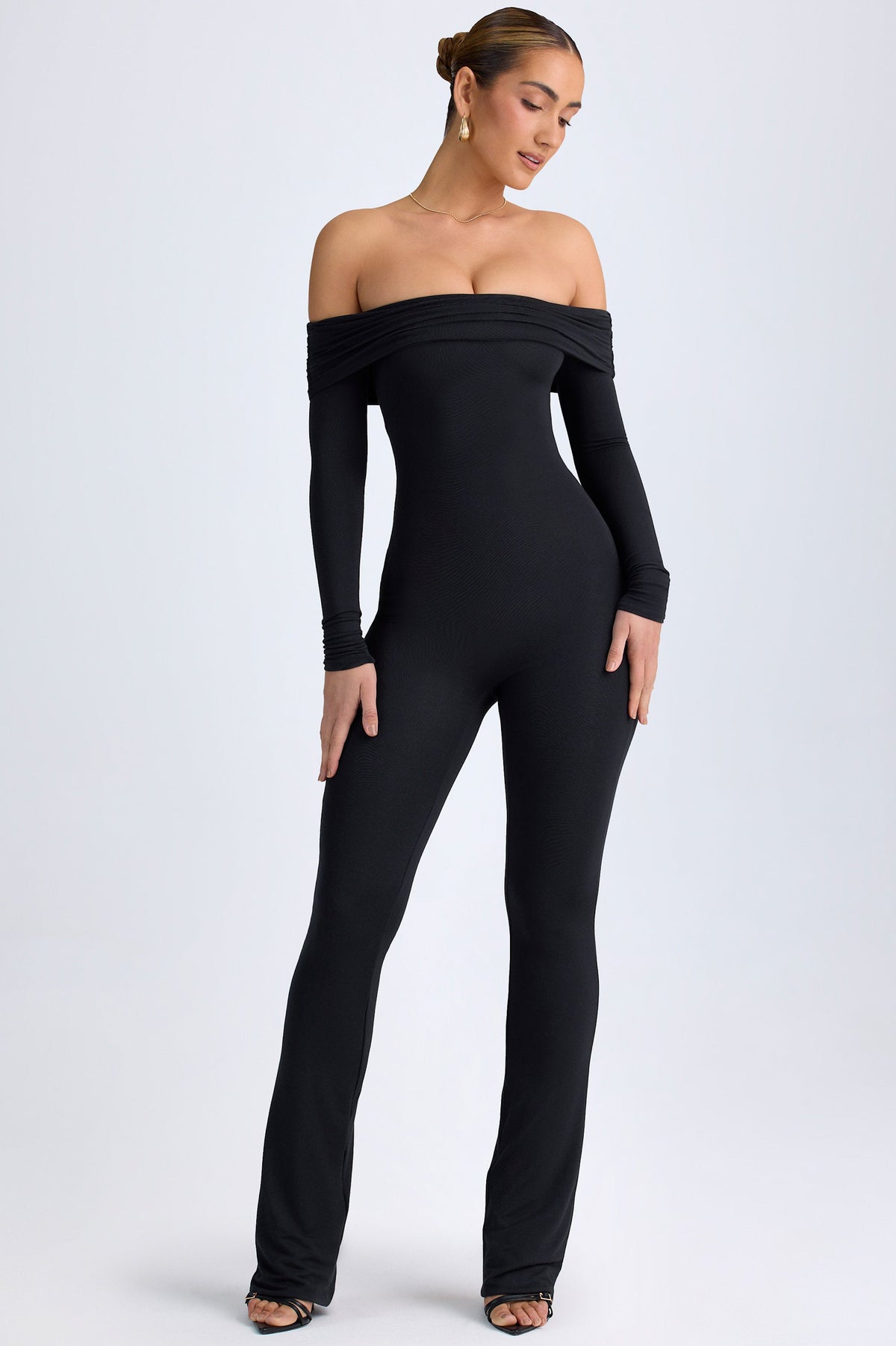 Chic Modal Off-Shoulder Ruched Jumpsuit in Black
