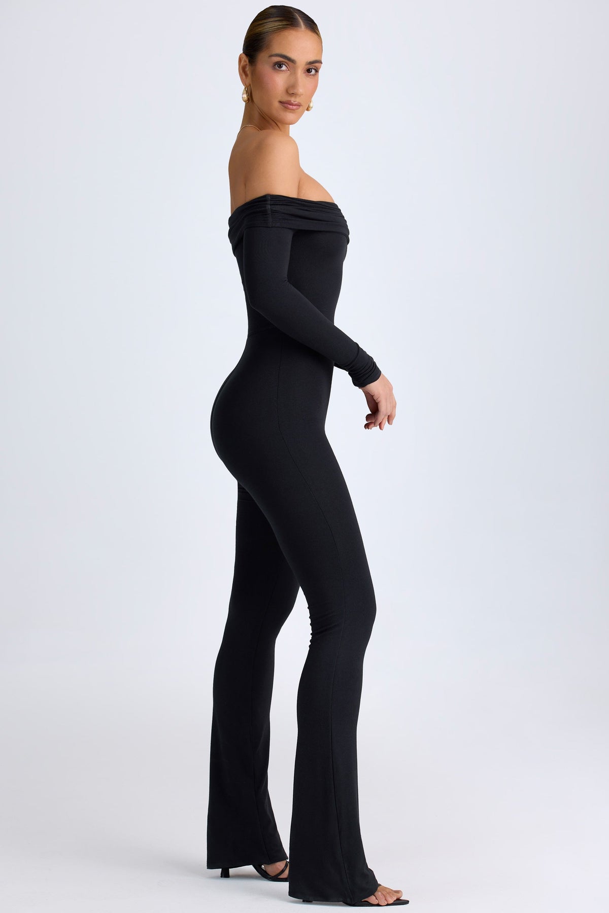 Chic Modal Off-Shoulder Ruched Jumpsuit in Black