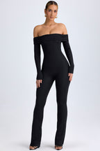 Chic Modal Off-Shoulder Ruched Jumpsuit in Black