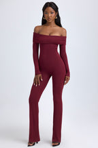 Chic Modal Off-Shoulder Ruched Jumpsuit in Wine Red