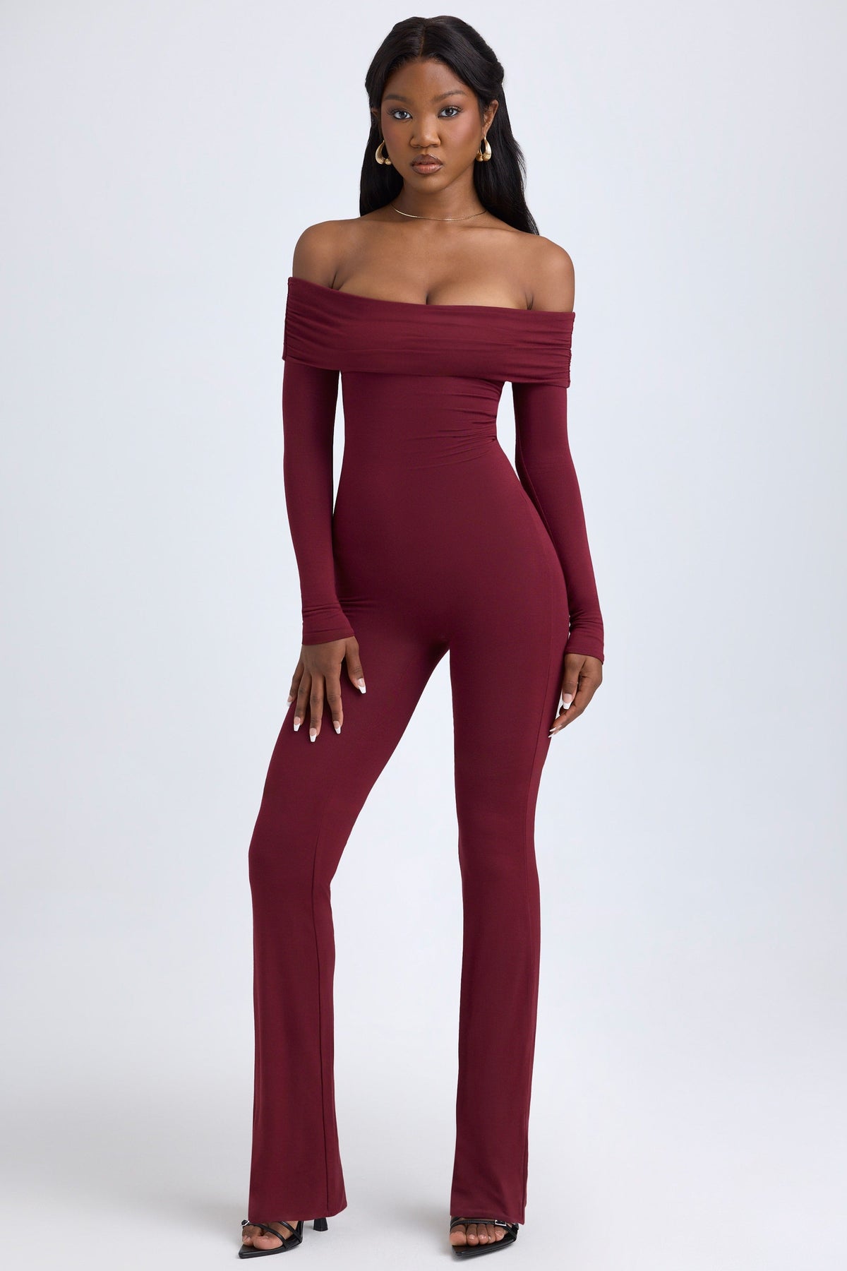 Chic Modal Off-Shoulder Ruched Jumpsuit in Wine Red