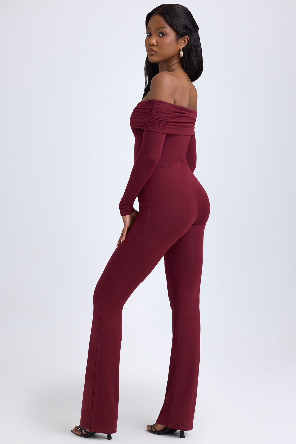 Chic Modal Off-Shoulder Ruched Jumpsuit in Wine Red