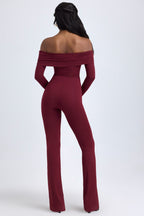 Chic Modal Off-Shoulder Ruched Jumpsuit in Wine Red