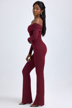 Chic Modal Off-Shoulder Ruched Jumpsuit in Wine Red