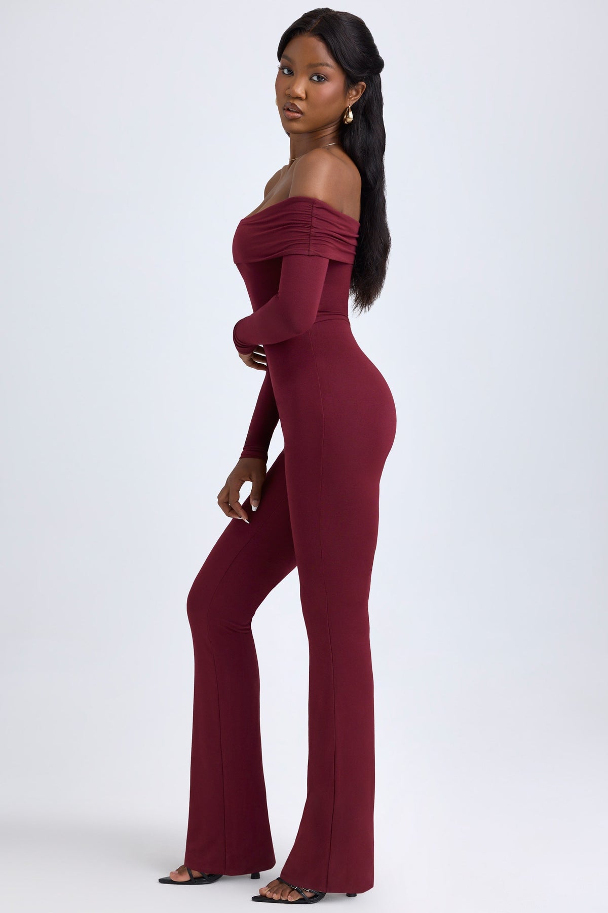 Chic Modal Off-Shoulder Ruched Jumpsuit in Wine Red
