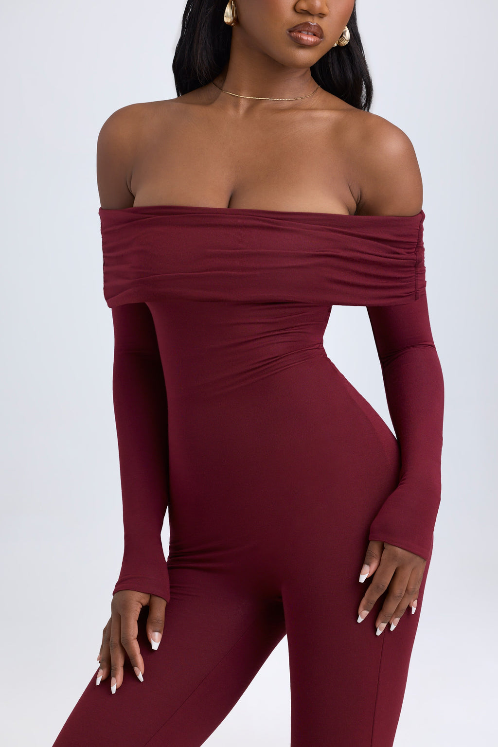 Chic Modal Off-Shoulder Ruched Jumpsuit in Wine Red