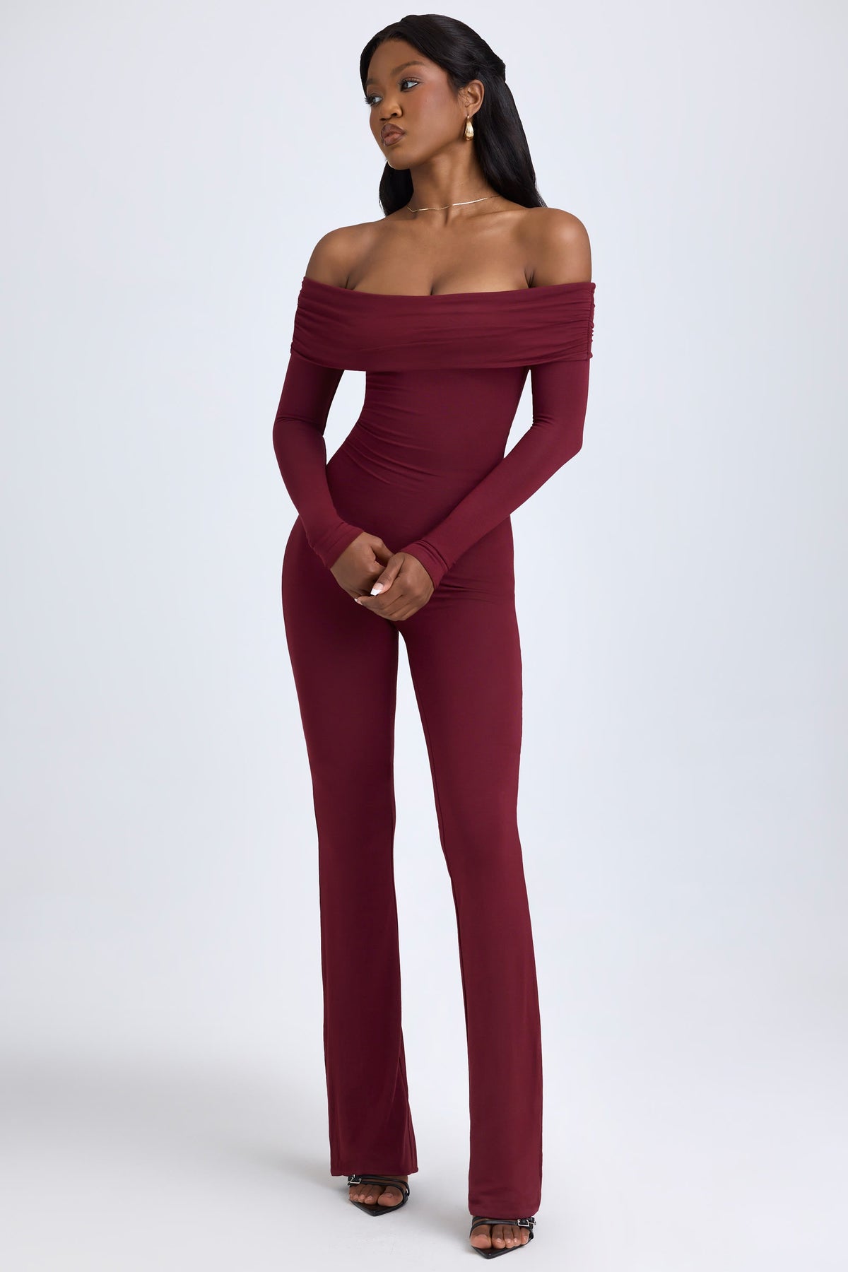 Chic Modal Off-Shoulder Ruched Jumpsuit in Wine Red