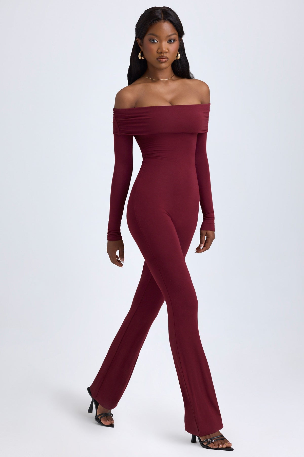 Chic Modal Off-Shoulder Ruched Jumpsuit in Wine Red