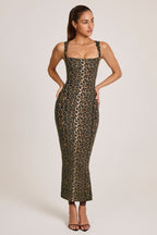 Chic Modal Square-Neck Bodycon Midi Dress in Leopard Print