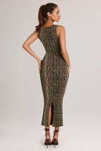 Chic Modal Square-Neck Bodycon Midi Dress in Leopard Print