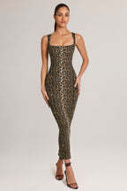 Chic Modal Square-Neck Bodycon Midi Dress in Leopard Print