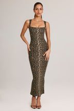 Chic Modal Square-Neck Bodycon Midi Dress in Leopard Print