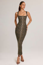 Chic Modal Square-Neck Bodycon Midi Dress in Leopard Print
