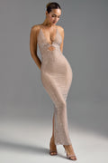 Chic Embellished Cut-Out Maxi Dress in Almond
