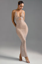 Chic Embellished Cut-Out Maxi Dress in Almond