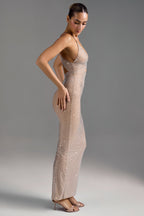 Chic Embellished Cut-Out Maxi Dress in Almond