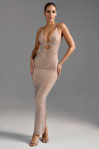 Chic Embellished Cut-Out Maxi Dress in Almond