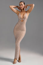 Chic Embellished Cut-Out Maxi Dress in Almond