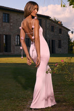 Chic Slinky Jersey Floral-Appliqué Gown in Blush