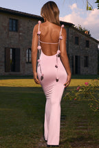 Chic Slinky Jersey Floral-Appliqué Gown in Blush