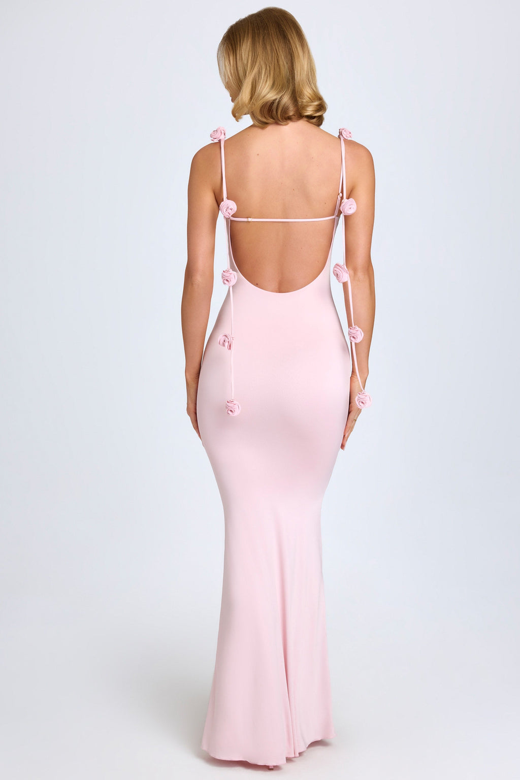 Chic Slinky Jersey Floral-Appliqué Gown in Blush