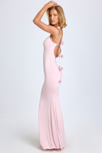 Chic Slinky Jersey Floral-Appliqué Gown in Blush