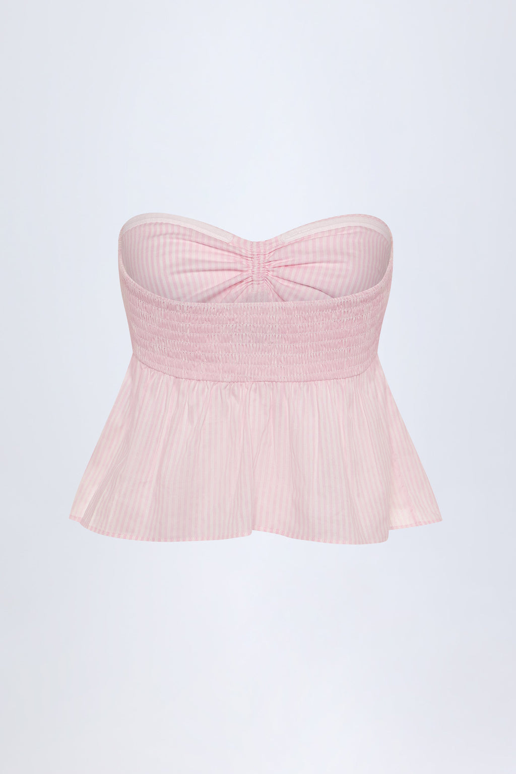 Chic Tie-Front Strapless Cotton-Poplin Crop Top in Pink White Stripe