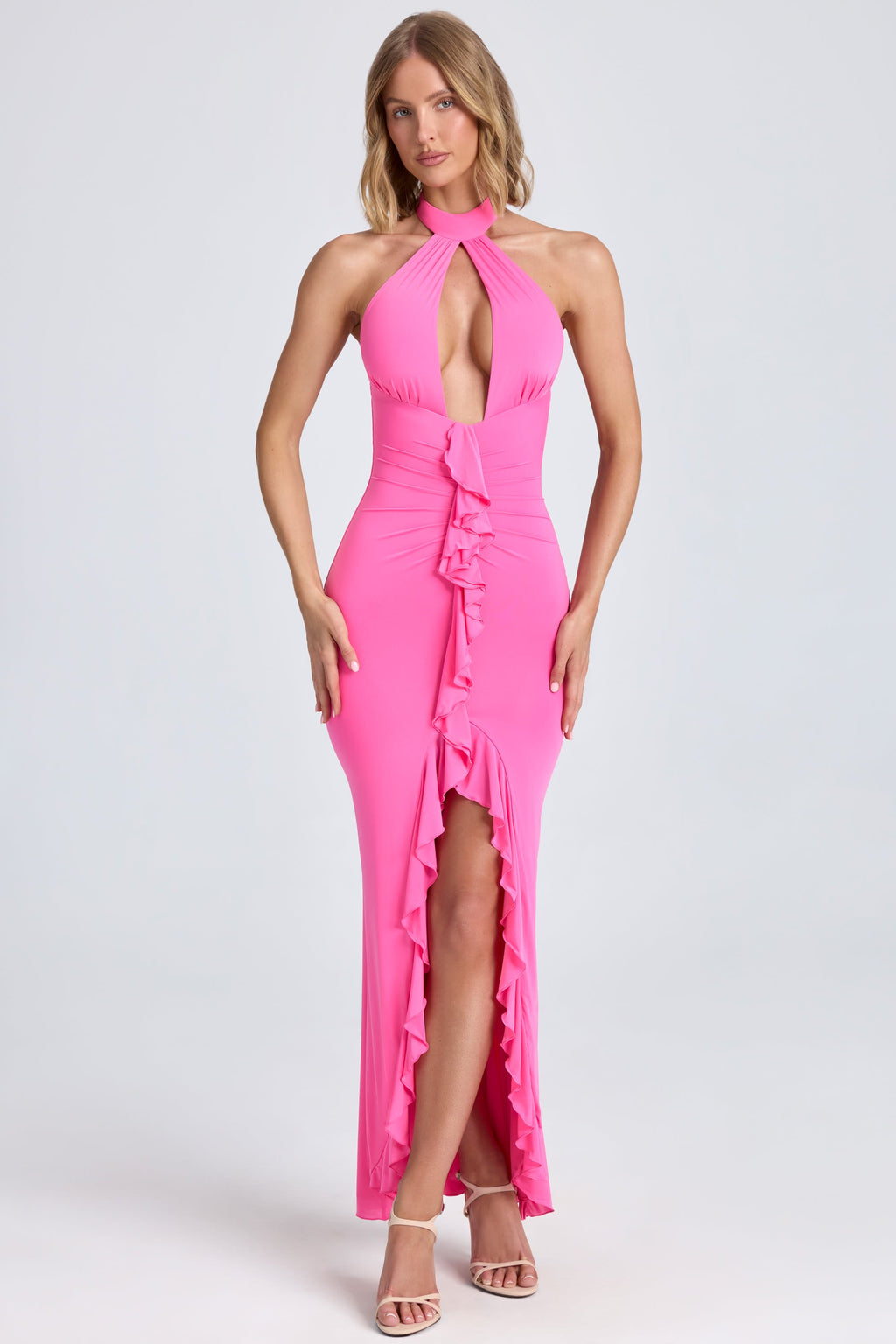 Chic Ruffle-Trim Halterneck Gown in Lollipop Pink